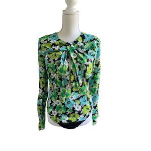 NWOT. Zara Draped Floral Blue Green Long Sleeve Cut Out Bodysuit M